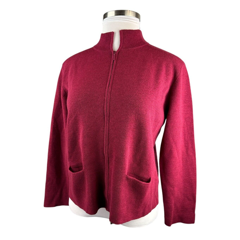 Eileen Fisher 100% Wool Full Zip Cardigan Sweater Jacket Red Burgundy Medium - Picture 5 of 13